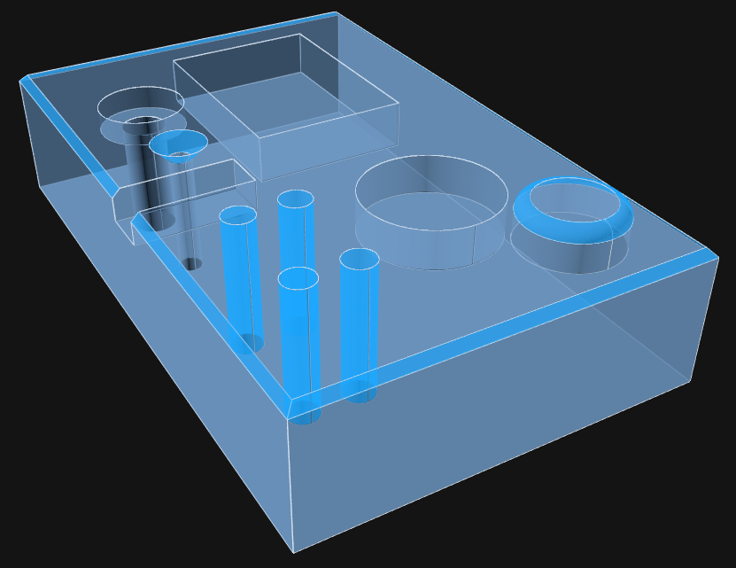 The demo part with recognized features highlighted — the model shown semi-transparent so the machinable faces stand out