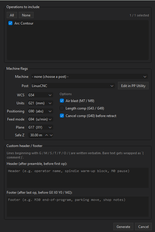 Takshak's post-processor options — machine and post selection, work offset, safe Z, compensation, and custom header/footer