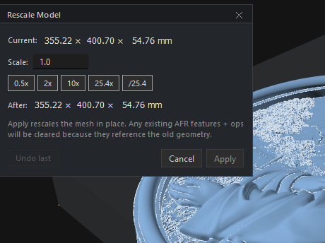 Rescale Model dialog — current and after dimensions, scale factor with presets