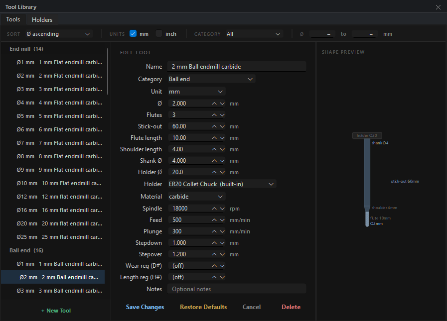 Tool Library panel — category list, tool edit form with speeds and feeds, and a shape preview