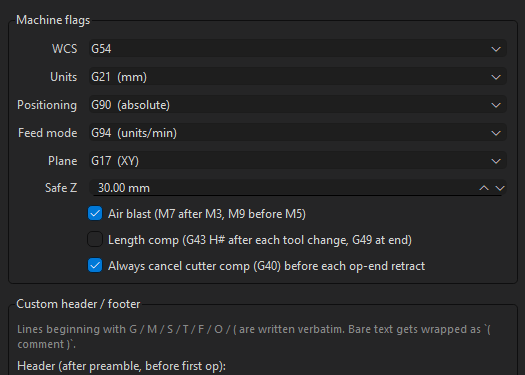 G-code post options — machine flags, WCS, safe Z, and custom header/footer